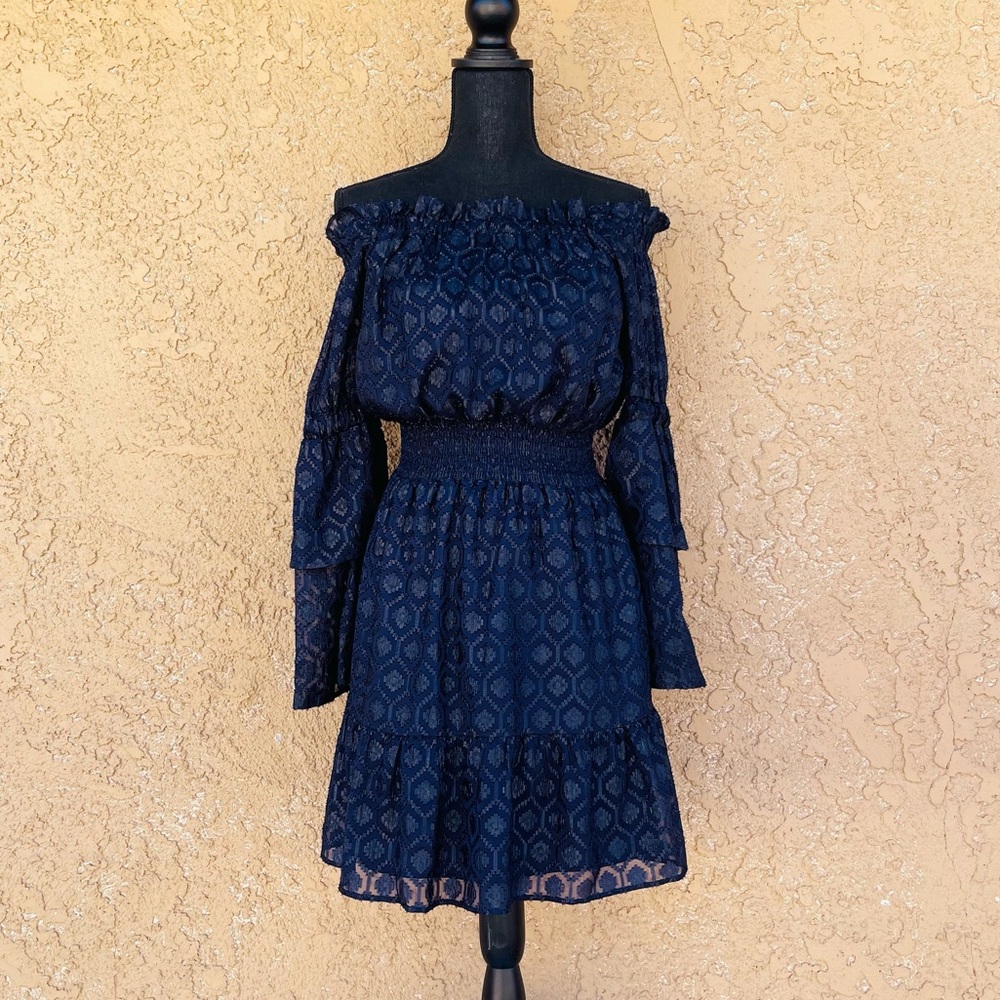 Lucky Brand Off Shoulder Metallic Laced Navy Dress